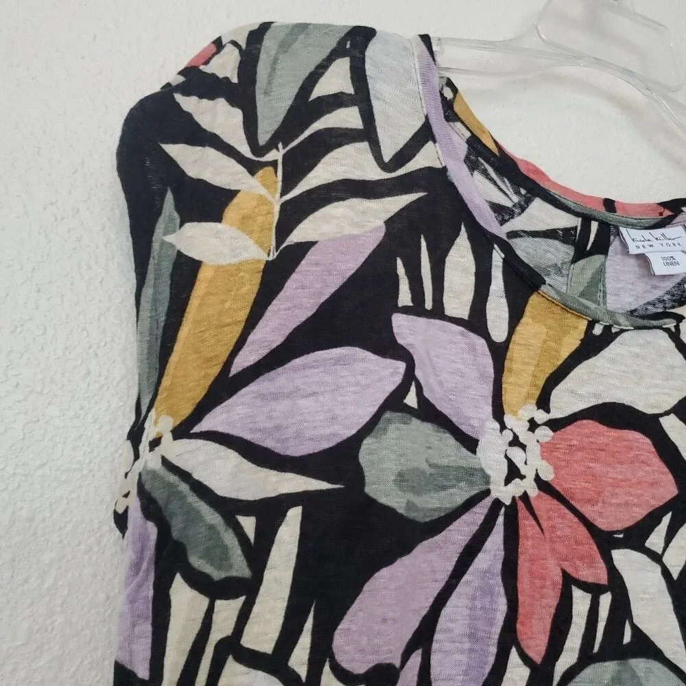 Nicole Miller Women’s Multicolor Floral Round Neck Short Sleeve Linen Blouse M - Picture 4 of 16